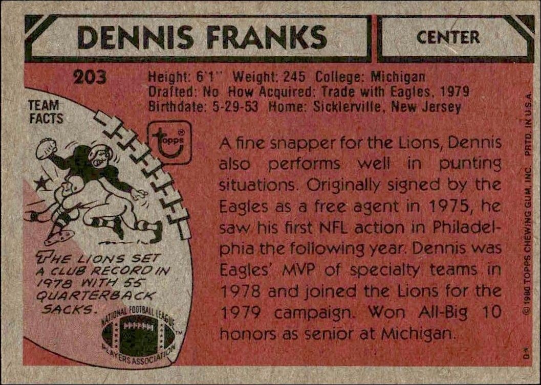 1980 Topps Dennis Franks #203 football trading card back