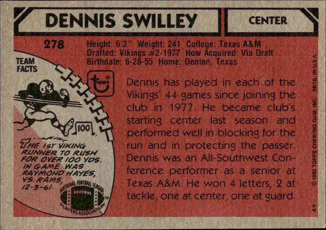 1980 Topps Dennis Swilley #278 football trading card back