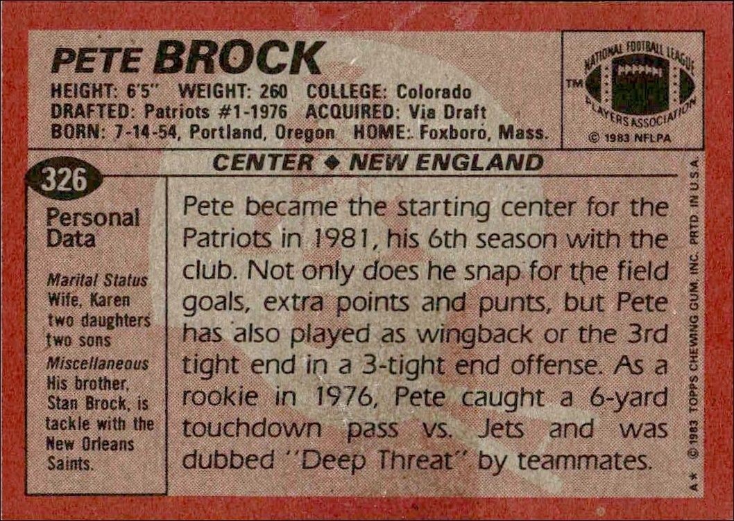 1983 Topps Pete Brock #326 football trading card back