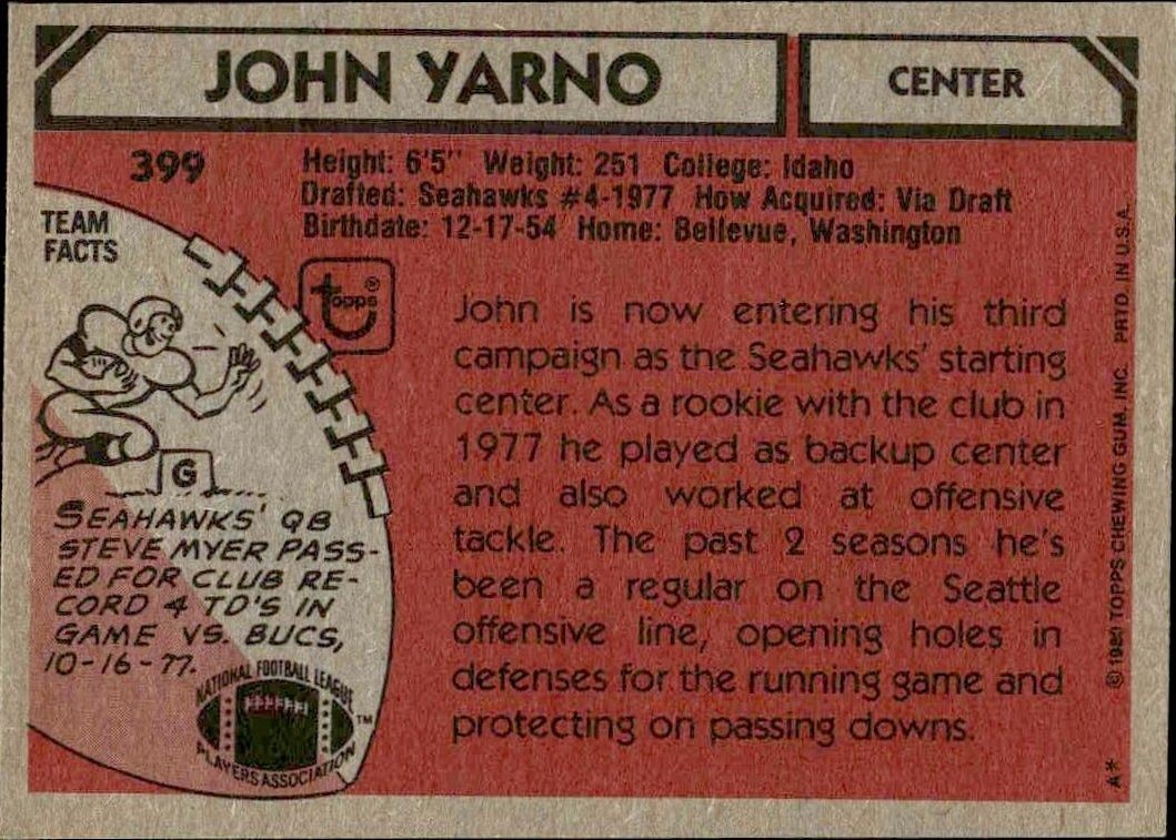1980 Topps John Yarno #399 football trading card back
