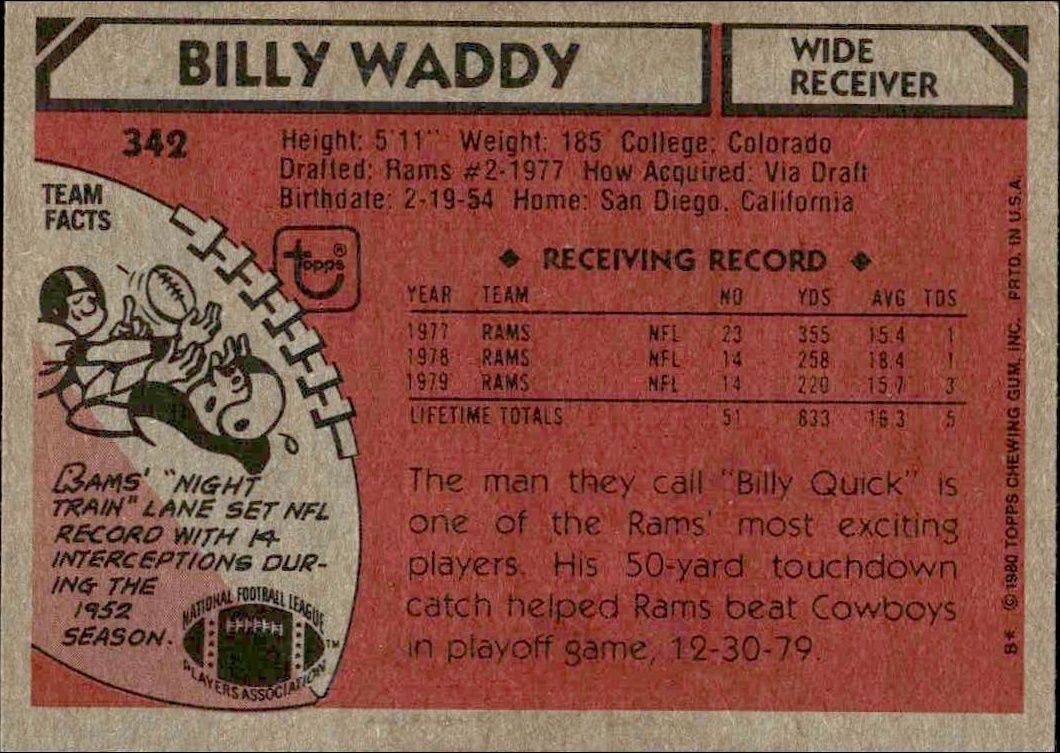1980 Topps Billy Waddy #342 football trading card back