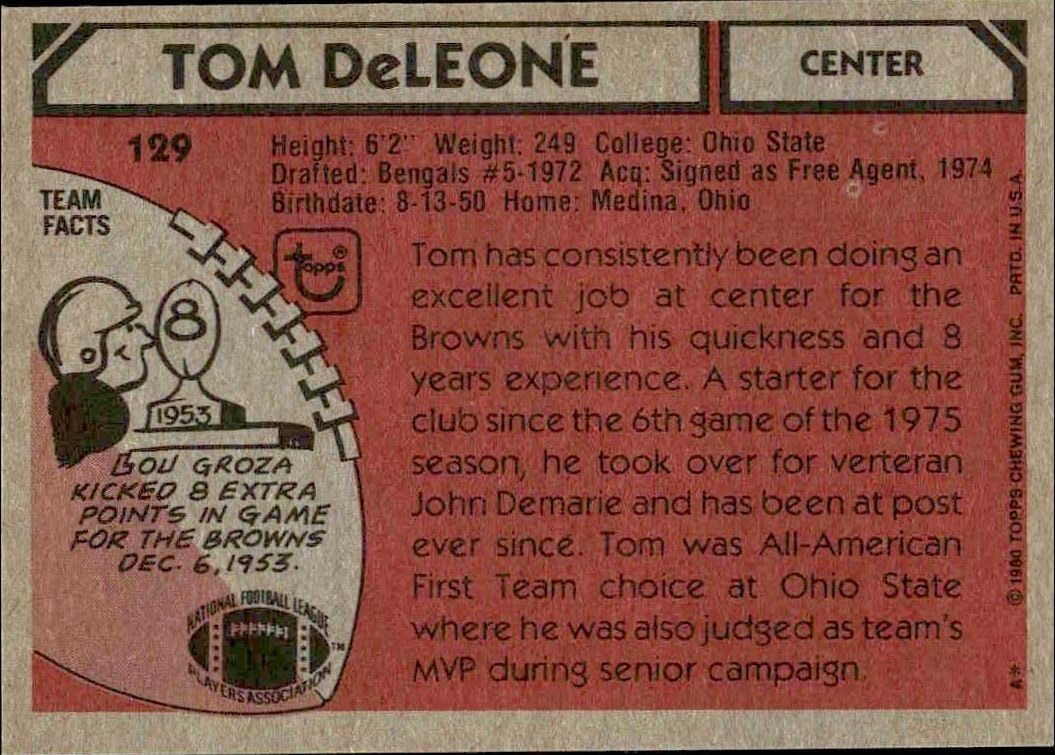 1980 Topps Tom DeLeone #129 football trading card back