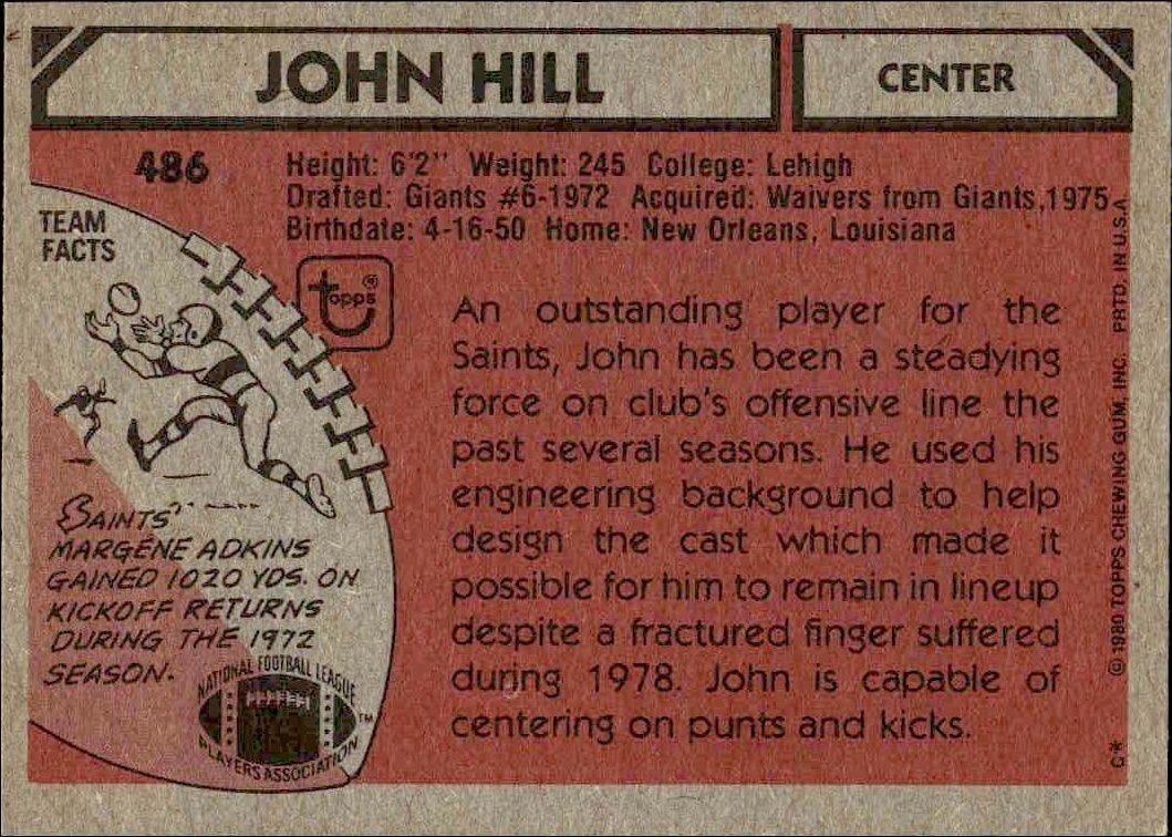 1980 Topps John Hill #486 football trading card back