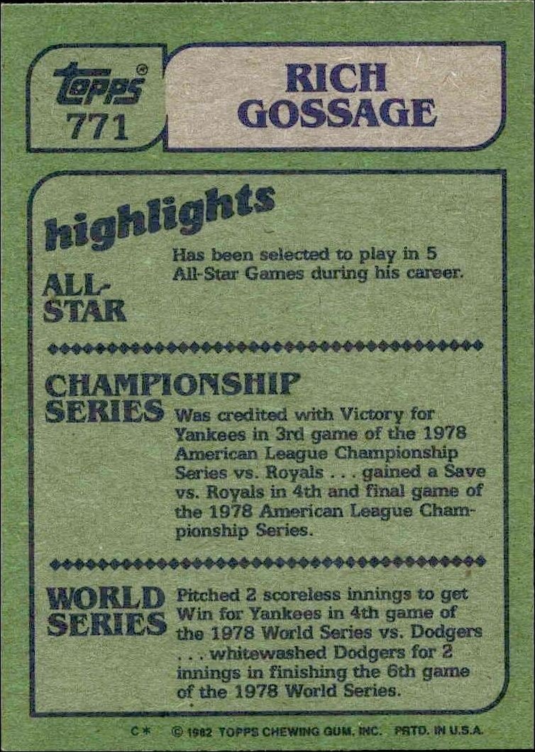 1982 Topps Rich Gossage #771 baseball trading card back