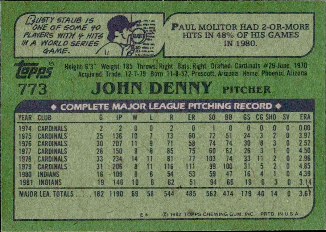 1982 Topps John Denny #773 baseball trading card back