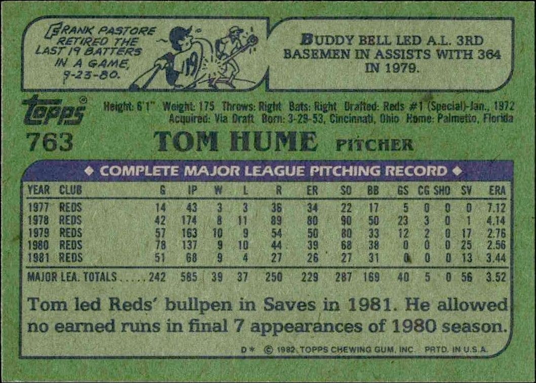 1982 Topps Tom Hume #763 baseball trading card back