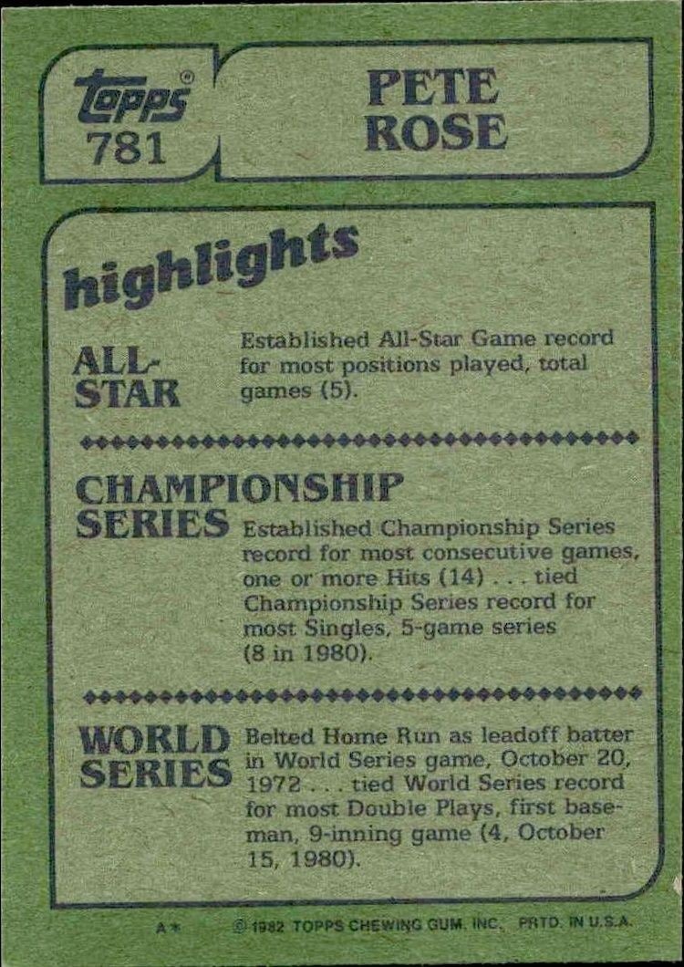 1982 Topps Pete Rose #781 baseball trading card back