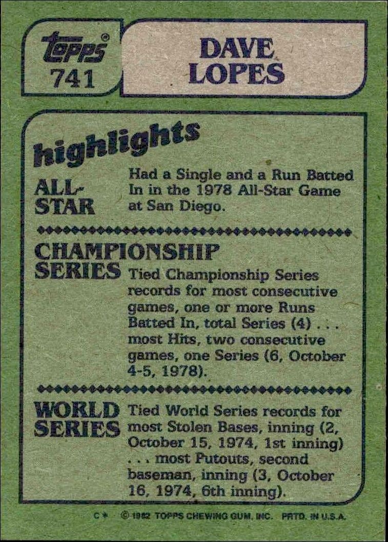 1982 Topps Dave Lopes #741 baseball trading card back