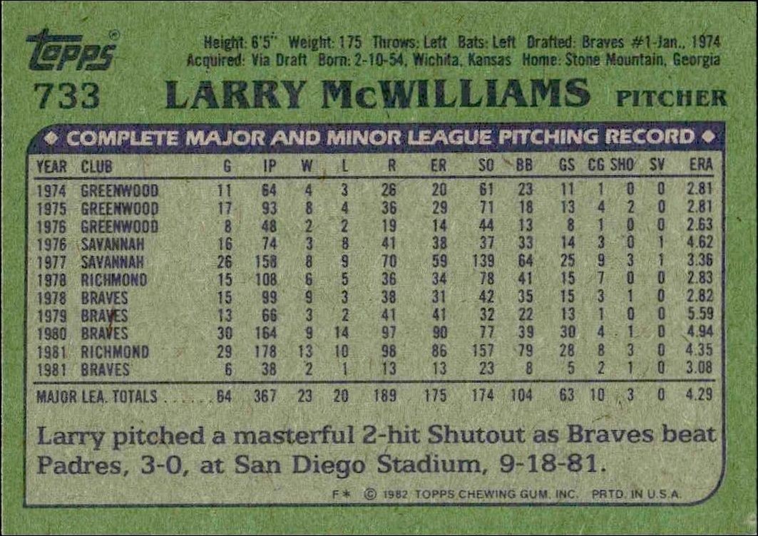 1982 Topps Larry McWilliams #733 baseball trading card back