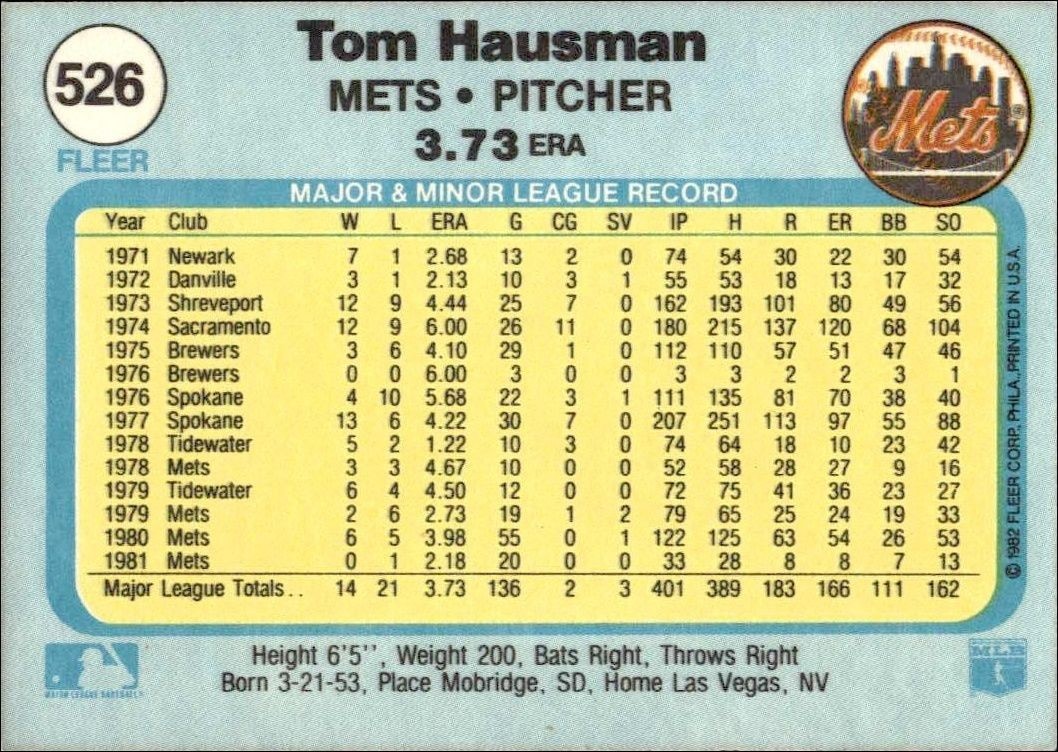 1982 Fleer Tom Hausman #526 baseball trading card back