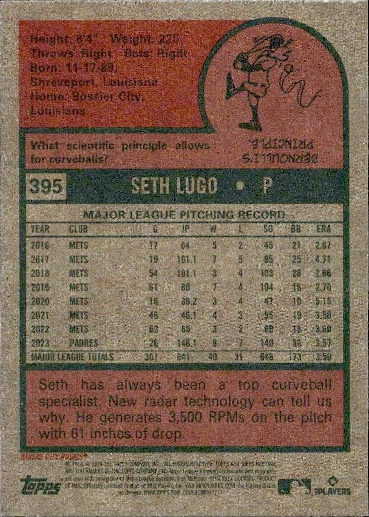 2024 Topps Heritage Seth Lugo #395 baseball trading card back