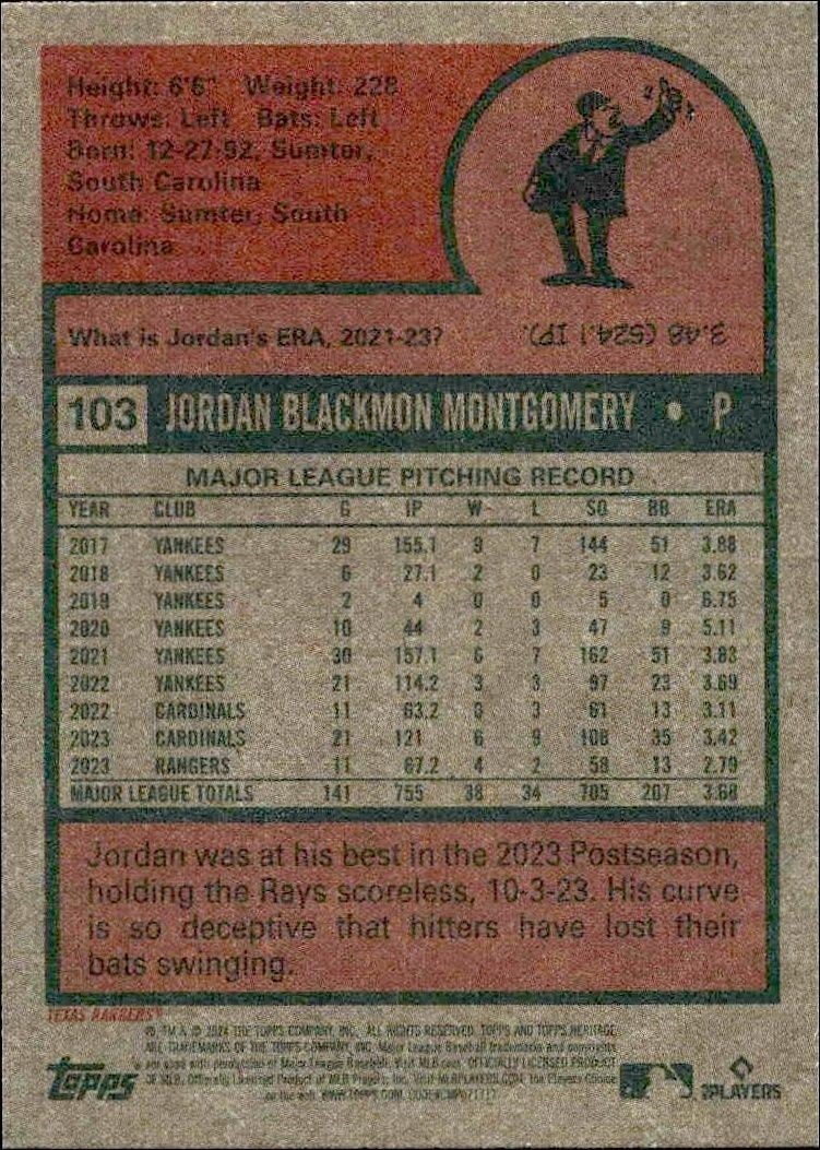 2024 Topps Heritage Jordan Montgomery #103 baseball trading card back