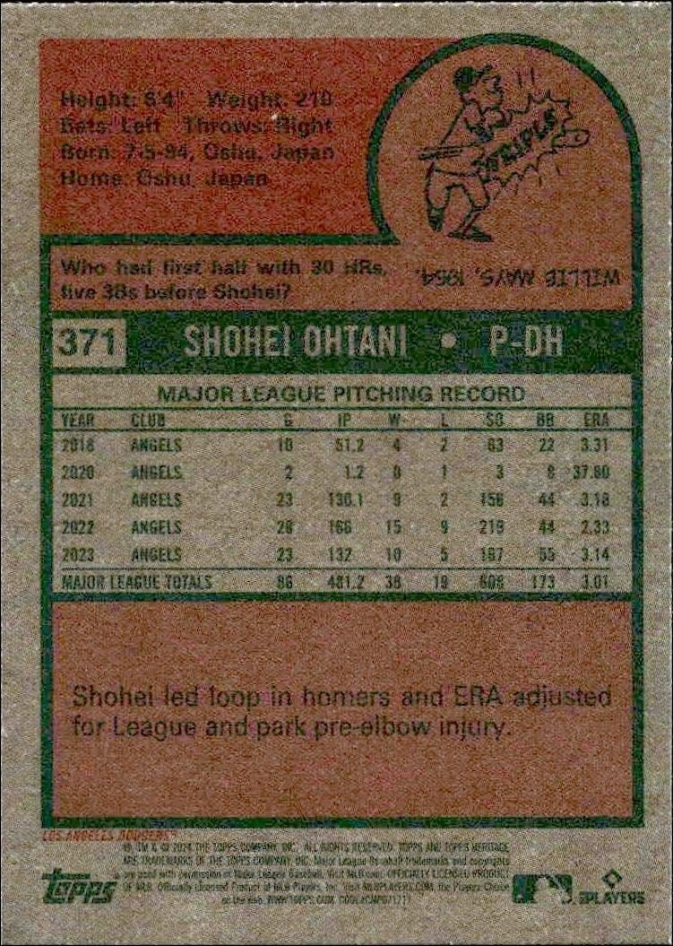 2024 Topps Heritage Shohei Ohtani #371 baseball trading card back