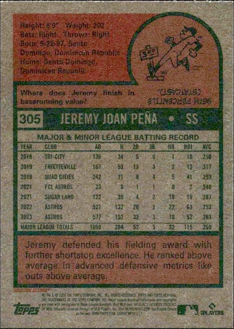2024 Topps Heritage Jeremy Pena #305 baseball trading card back