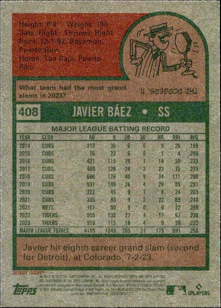 2024 Topps Heritage Javier Baez #408 baseball trading card back