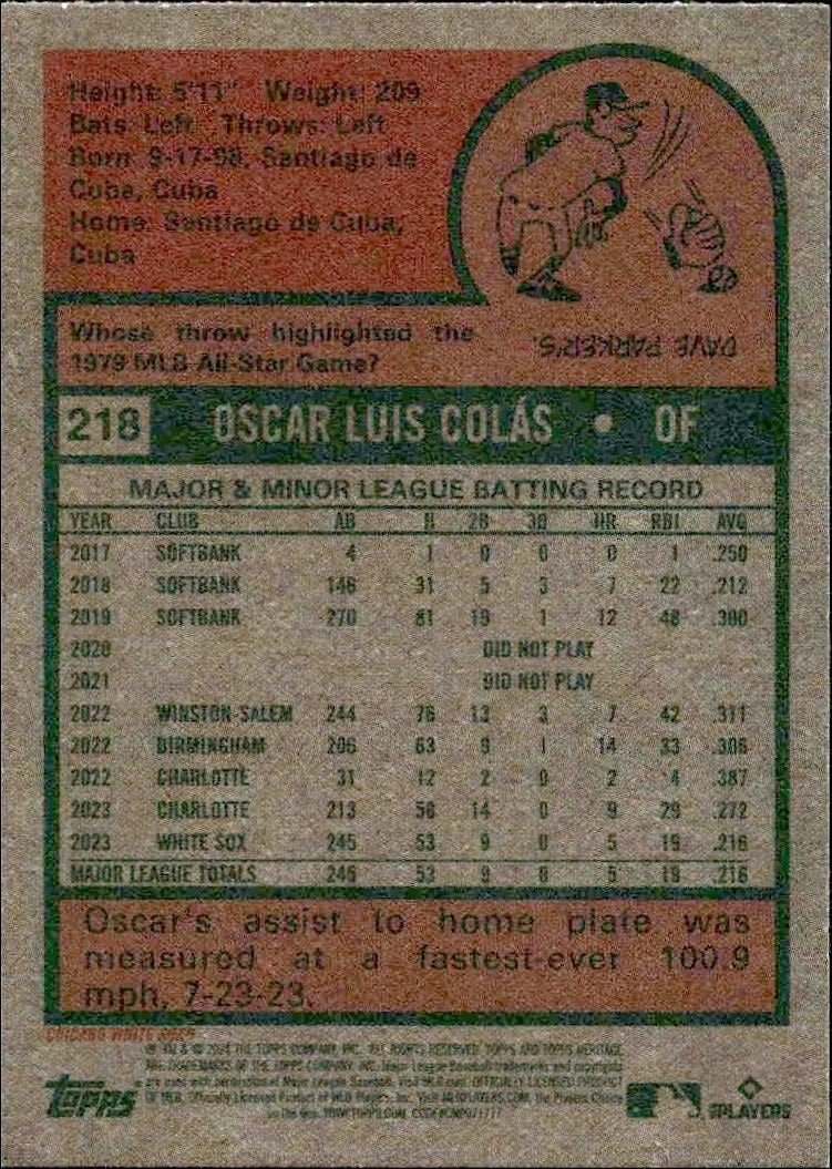 2024 Topps Heritage Oscar Colás #218 baseball trading card back