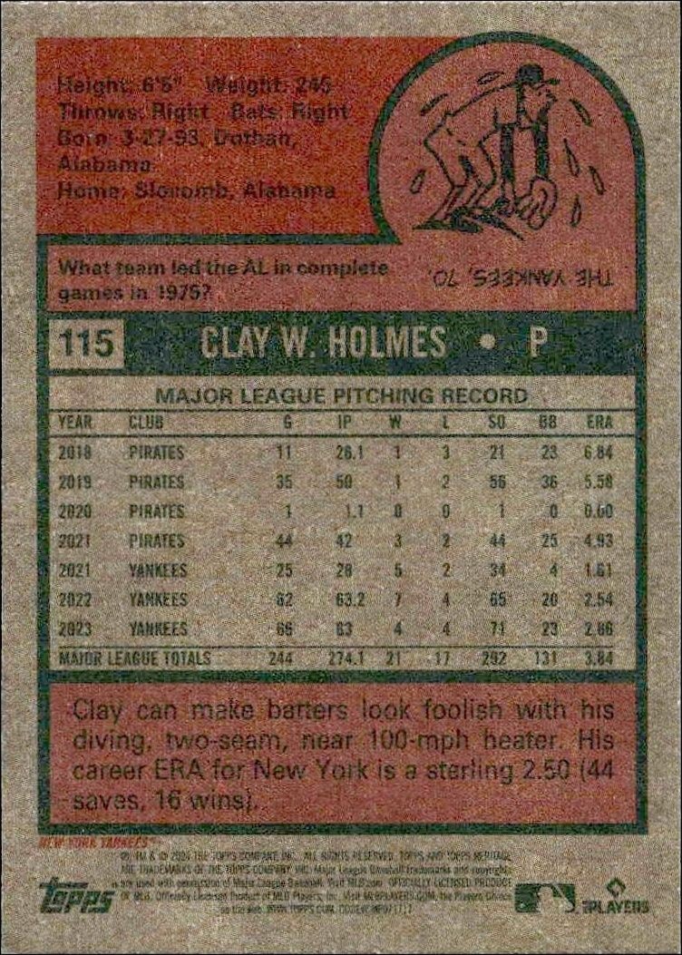 2024 Topps Heritage Clay Holmes #115 baseball trading card back