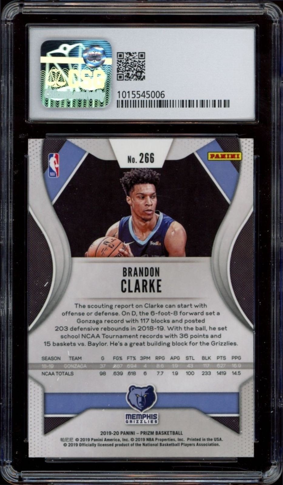 2019-20 Panini Prizm Brandon Clarke #266 basketball trading card back