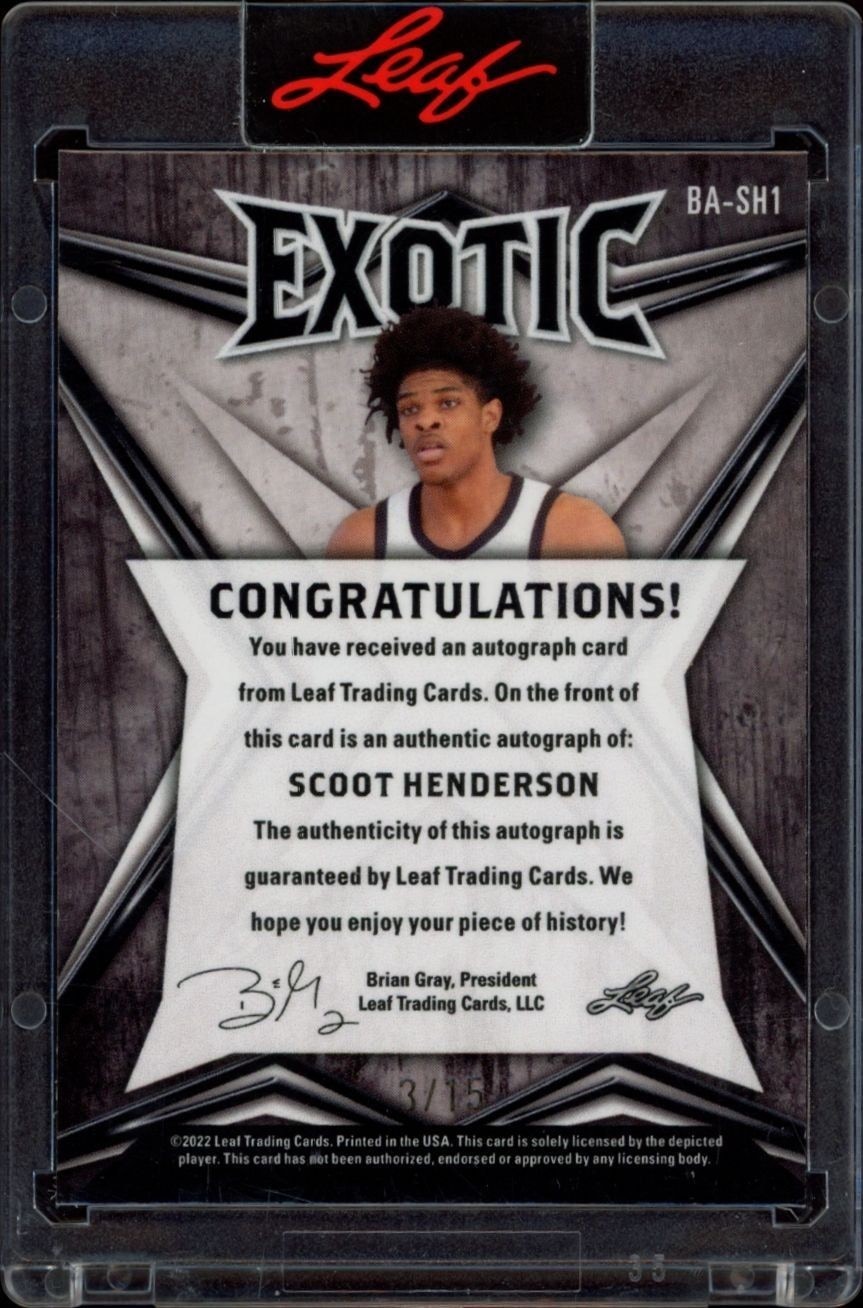 2022-23 Leaf Exotic Scoot Henderson #BA-SH1 basketball trading card back