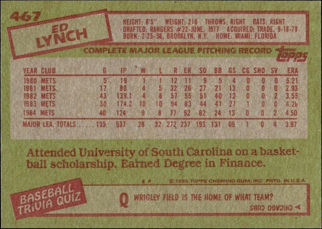 1985 Topps Ed Lynch #467 baseball trading card back