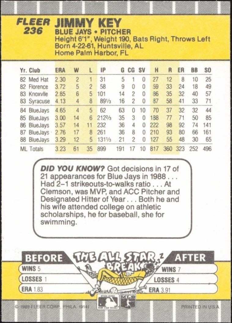 1989 Fleer Jimmy Key #236 baseball trading card back