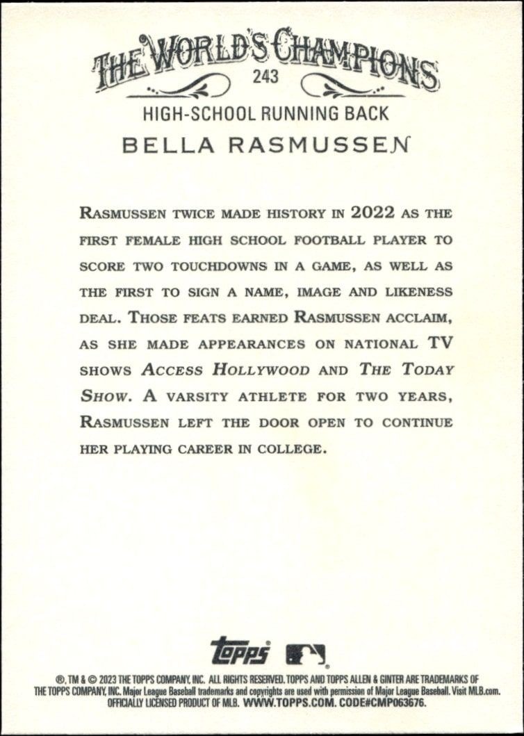 2023 Topps Allen & Ginter Bella Rasmussen #243 baseball trading card back