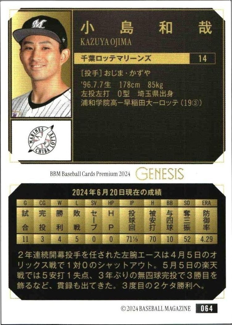 2024 Baseball Magazine Genesis Kazuya Ojima #64 baseball trading card back