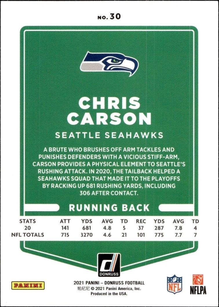 2021 Panini Donruss Chris Carson #30 football trading card back