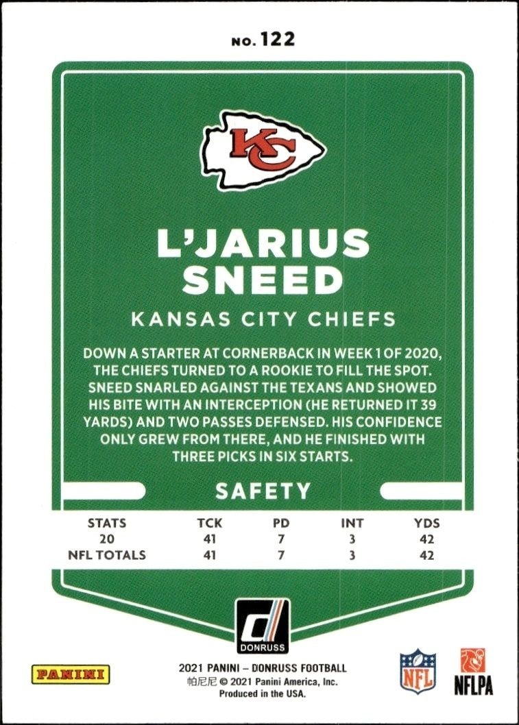 2021 Panini Donruss L'Jarius Sneed #122 football trading card back