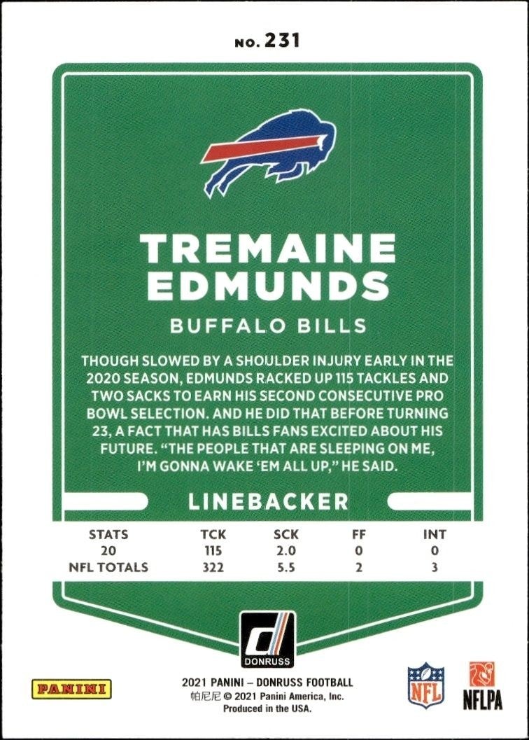 2021 Panini Donruss Tremaine Edmunds #231 football trading card back