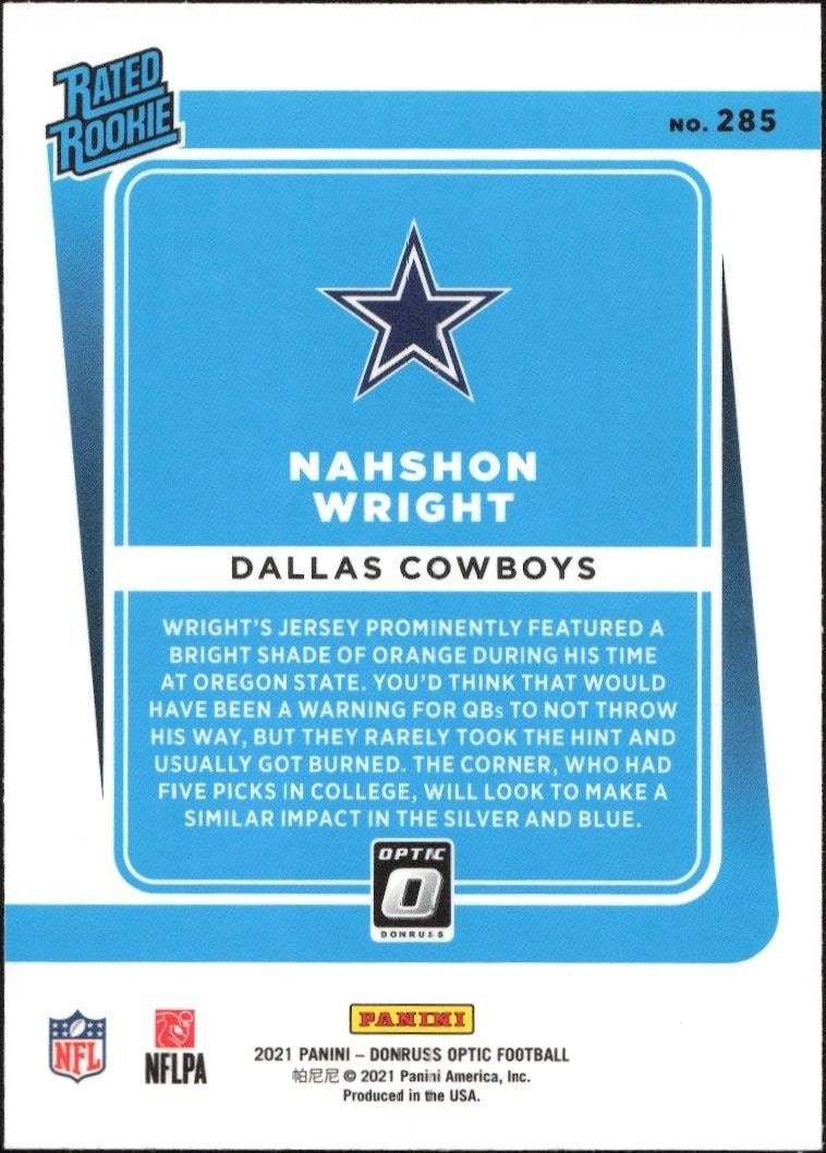 2021 Panini Donruss Optic Nahshon Wright #285 football trading card back
