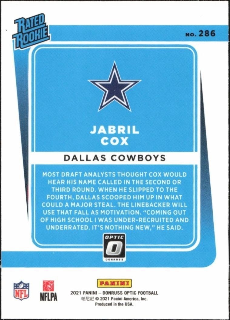 2021 Panini Donruss Optic Jabril Cox #286 football trading card back