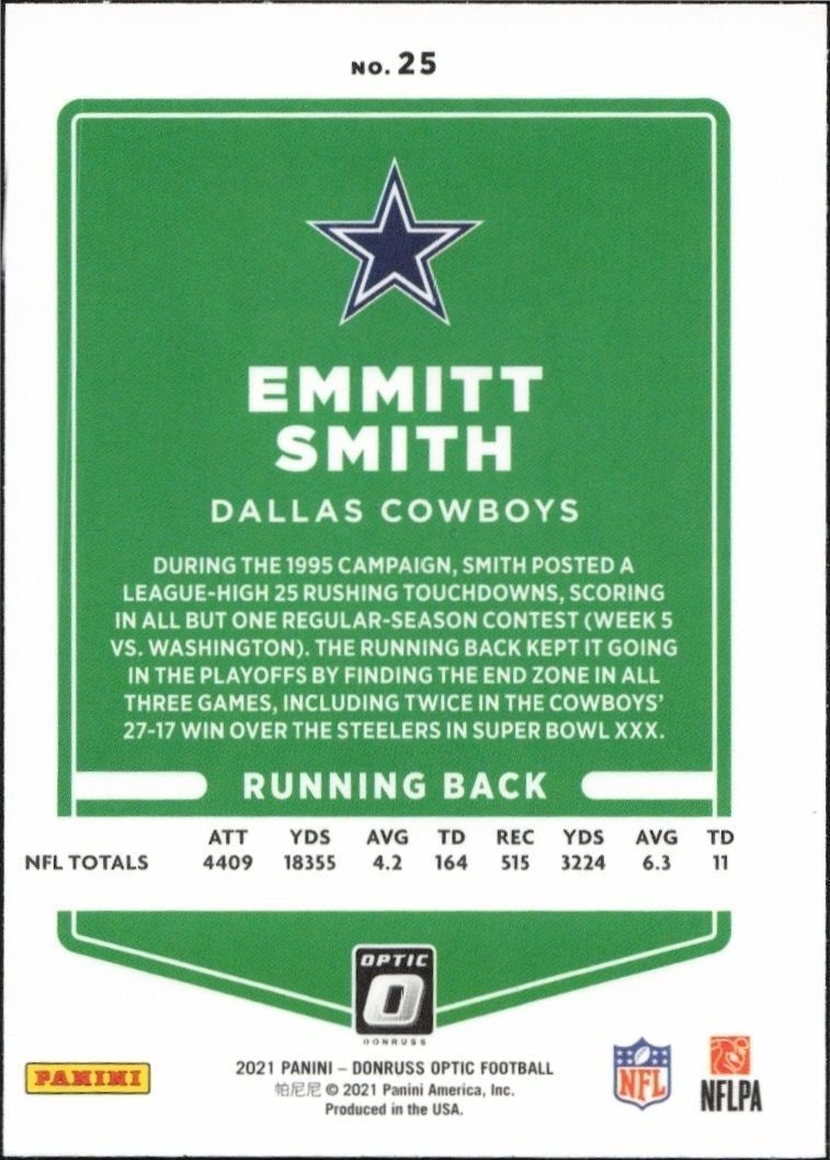 2021 Panini Donruss Optic Emmitt Smith #25 football trading card back