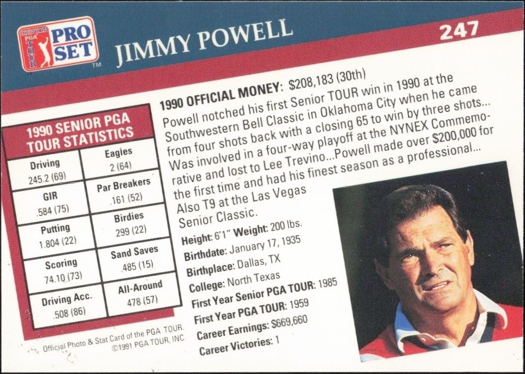 1991 Pro Set PGA Tour Jimmy Powell #247 golf trading card back