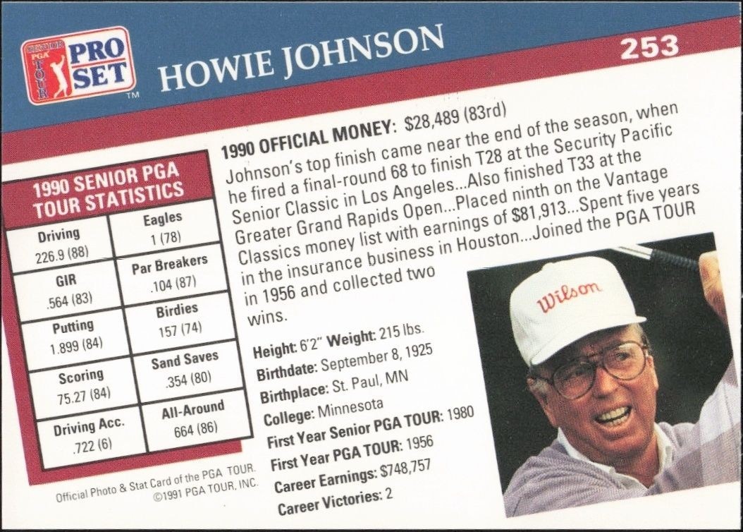 1991 Pro Set PGA Tour Howie Johnson #253 golf trading card back