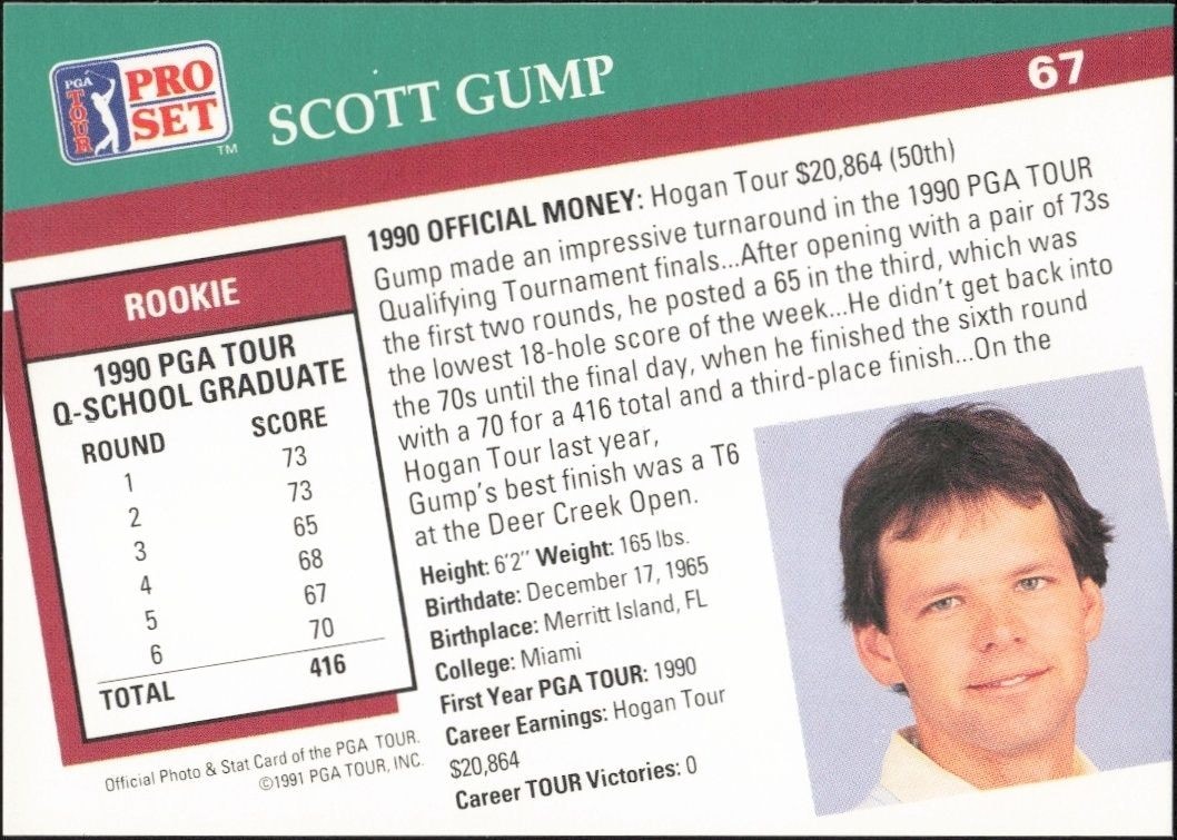 1991 Pro Set PGA Tour Scott Gump #67 golf trading card back