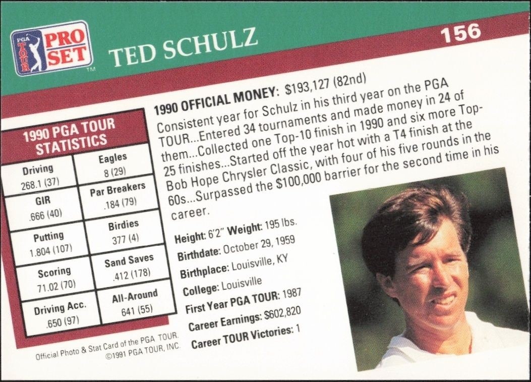1991 Pro Set PGA Tour Ted Schulz #156 golf trading card back