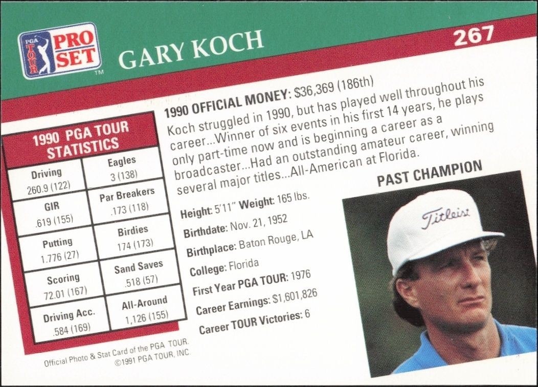 1991 Pro Set PGA Tour Gary Koch #267 golf trading card back