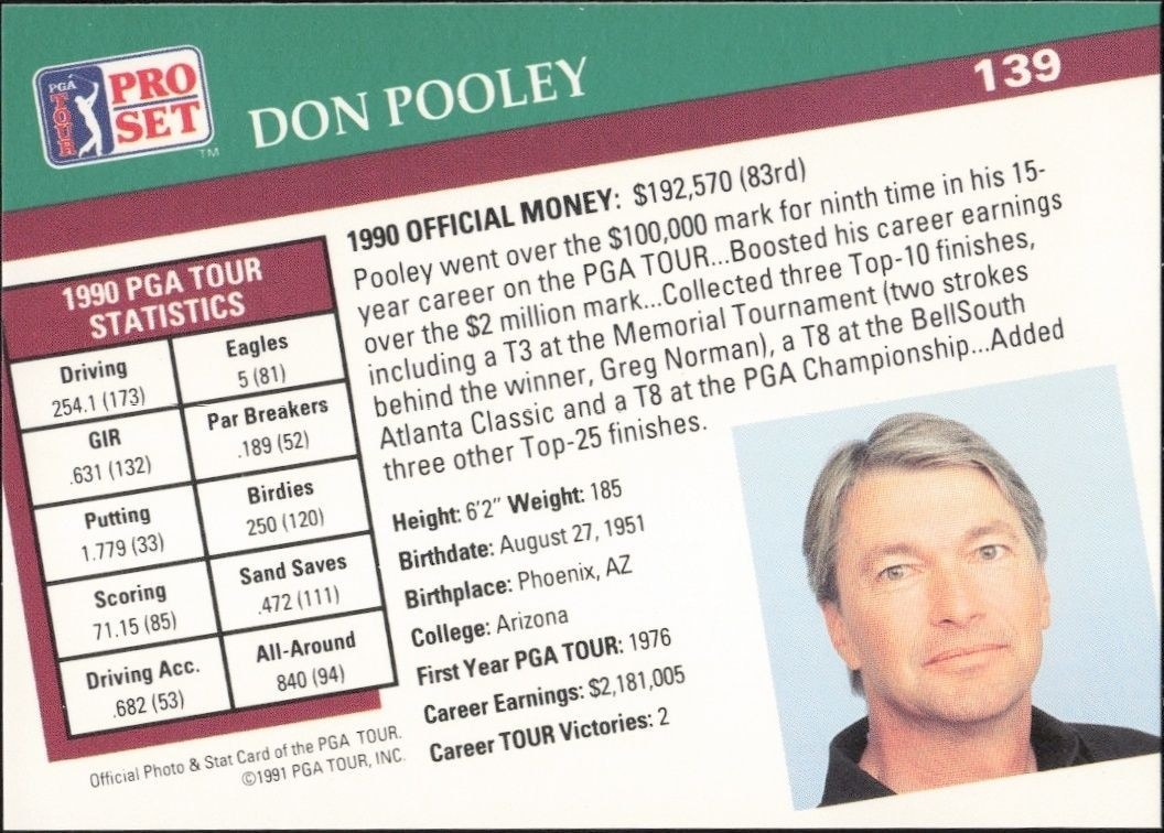 1991 Pro Set PGA Tour Don Pooley #139 golf trading card back