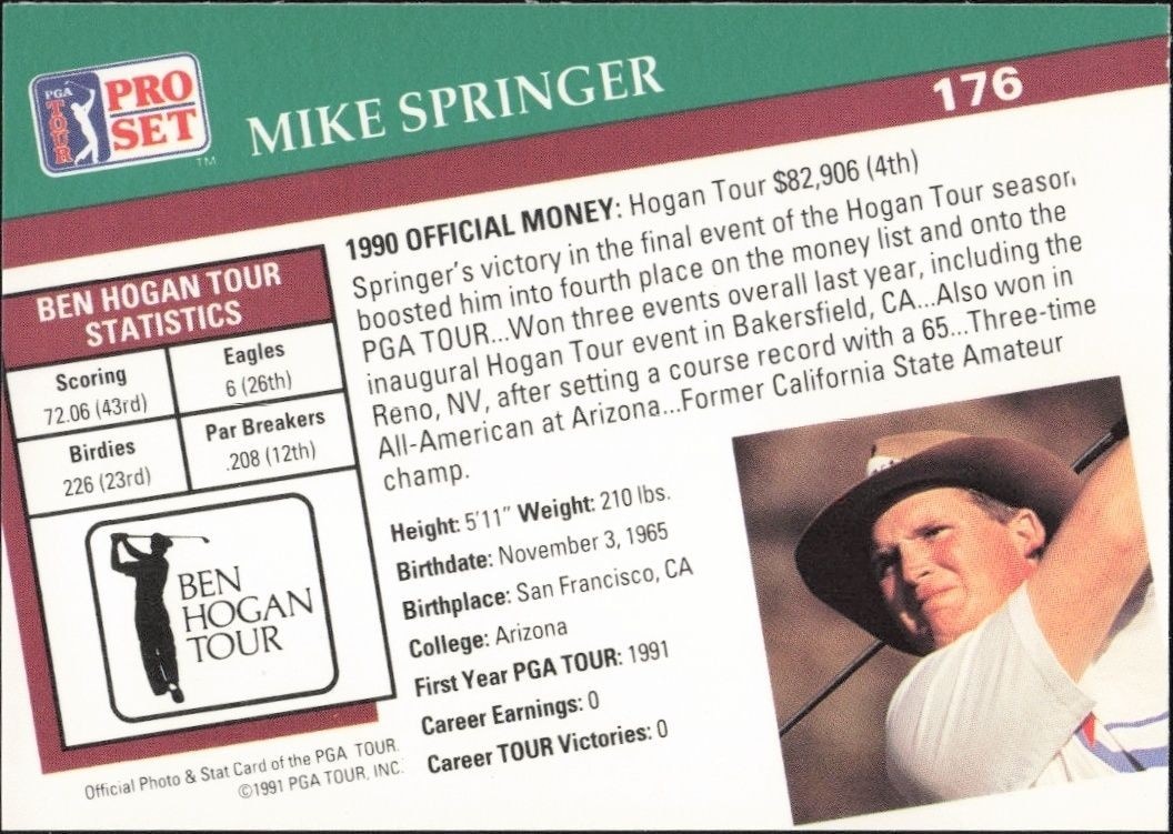 1991 Pro Set PGA Tour Mike Springer #176 golf trading card back