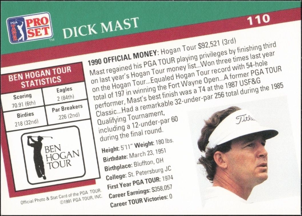1991 Pro Set PGA Tour Dick Mast #110 golf trading card back