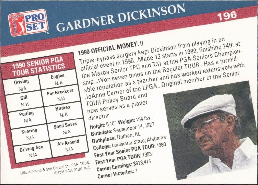 1991 Pro Set PGA Tour Gardner Dickinson #196 golf trading card back