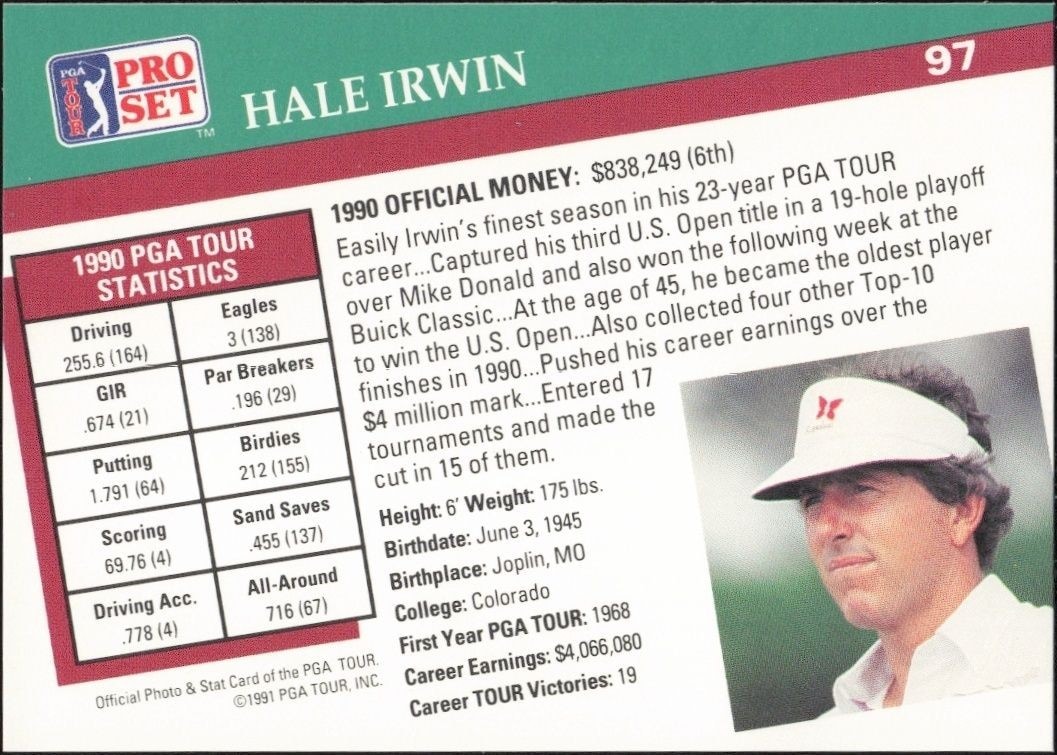 1991 Pro Set PGA Tour Hale Irwin #97 golf trading card back