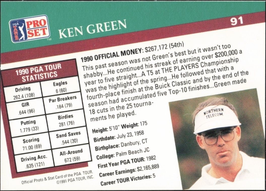 1991 Pro Set PGA Tour Ken Green #91 golf trading card back