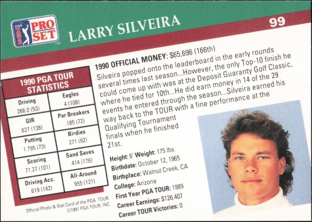 1991 Pro Set PGA Tour Larry Silveira #99 golf trading card back