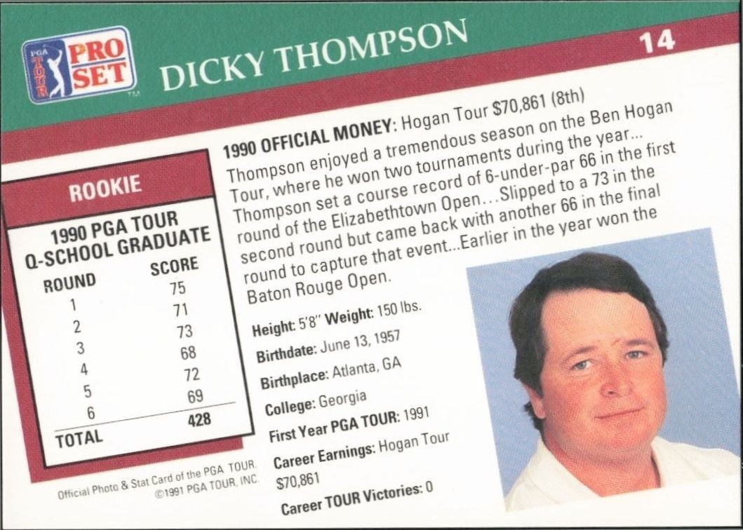 1991 Pro Set PGA Tour Dicky Thompson #14 golf trading card back