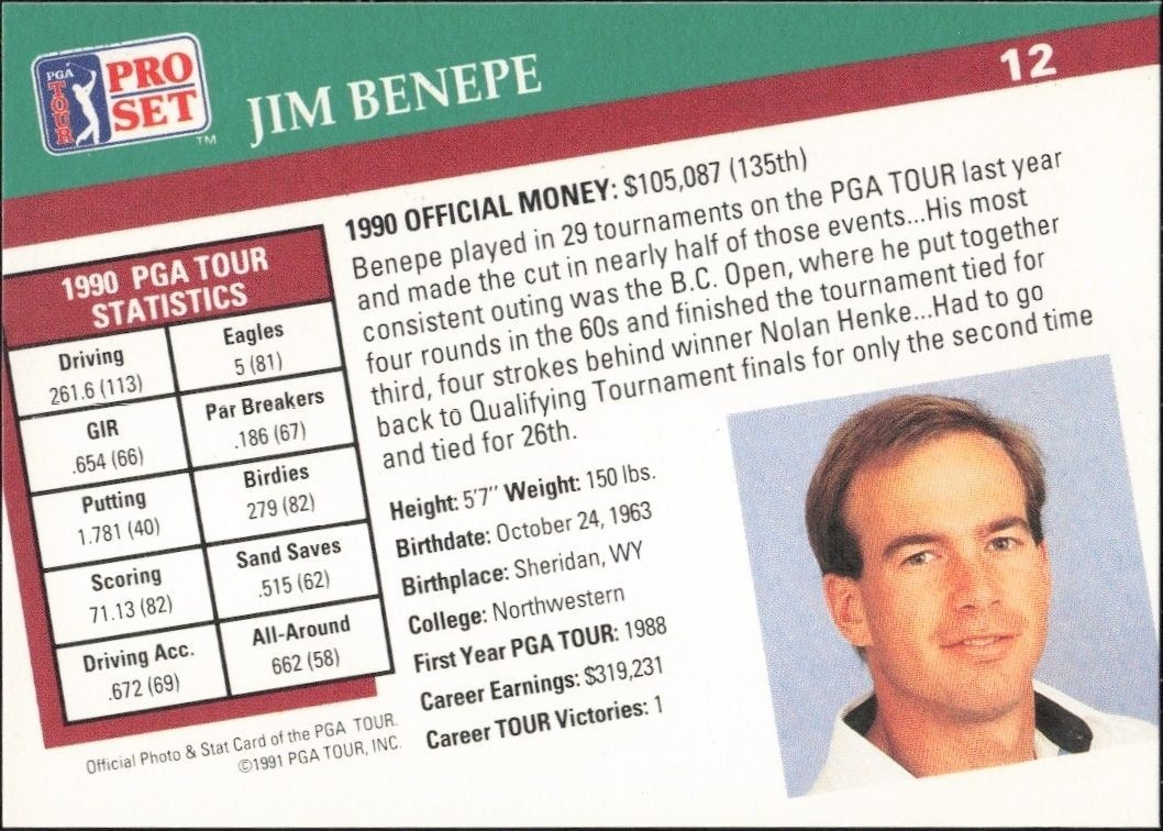 1991 Pro Set PGA Tour Jim Benepe #12 golf trading card back