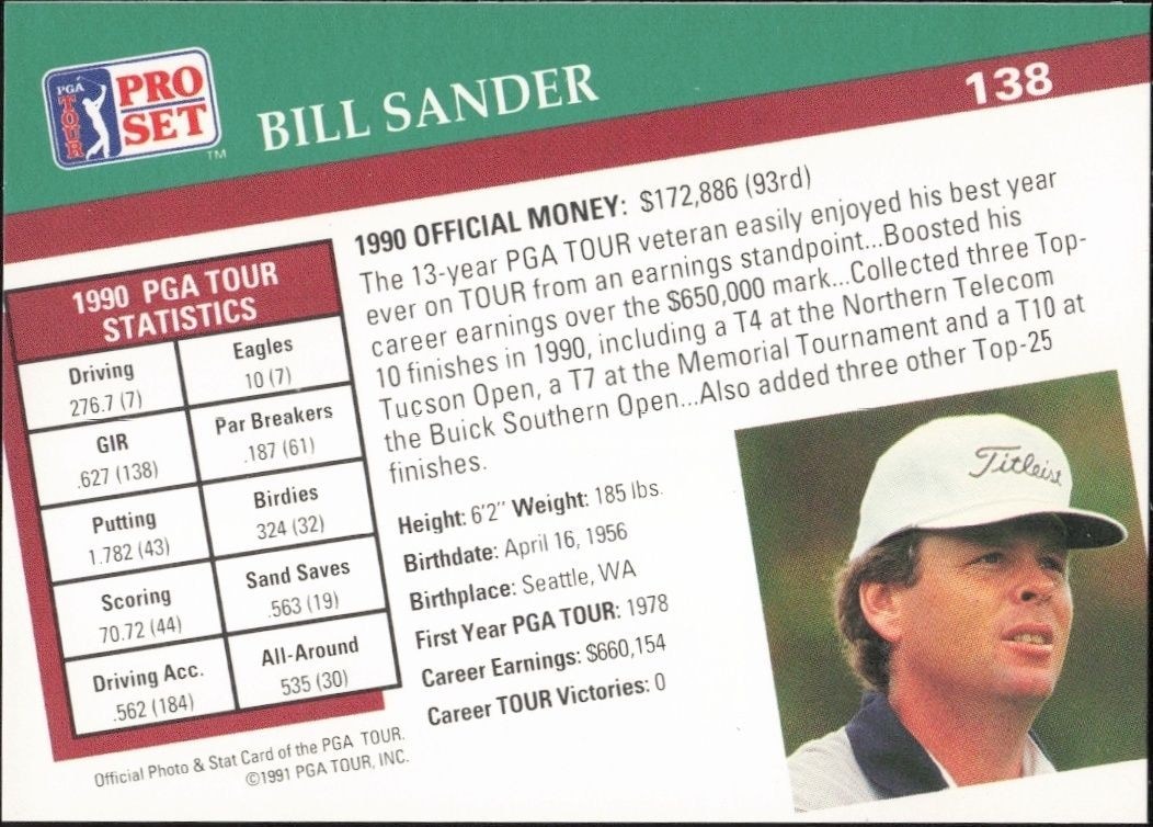 1991 Pro Set PGA Tour Bill Sander #138 golf trading card back