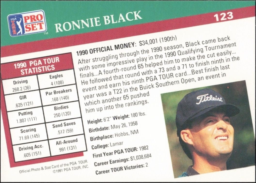 1991 Pro Set PGA Tour Ronnie Black #123 golf trading card back