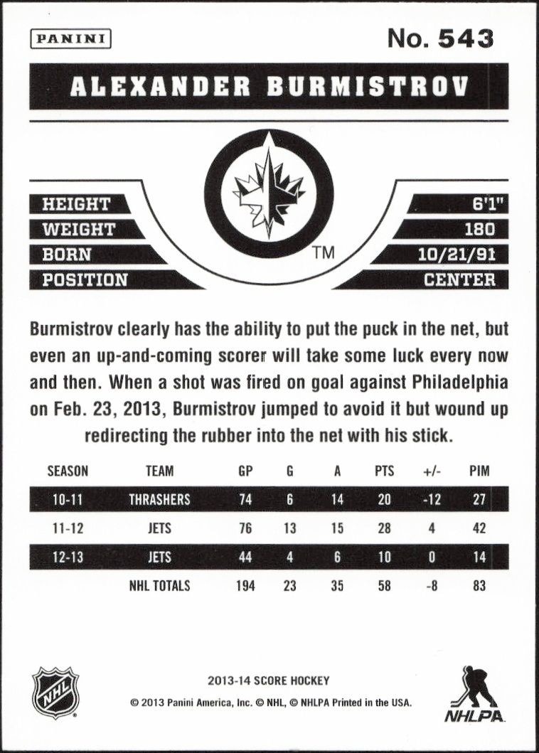 2013-14 Panini Score Alexander Burmistrov #543 hockey trading card back